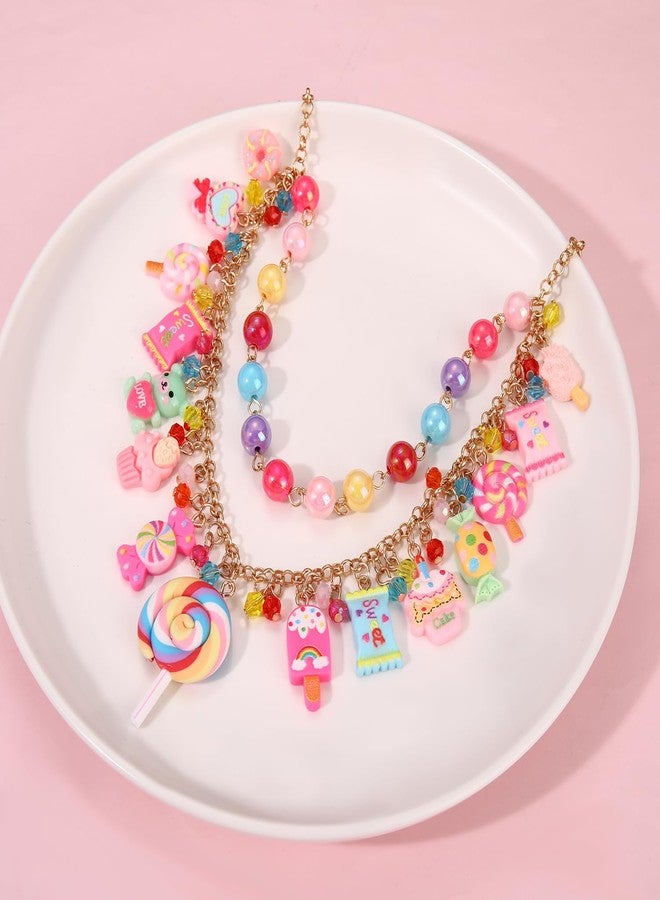 HSWE Candy Layered Necklaces for Women Novelty Colorful Beads Lollipop Sweet Candy Bear Ice Cream Dessert Cake Pendant Choker Necklace for Birthday Halloween Holiday Party Jewelry Gift - Image 2