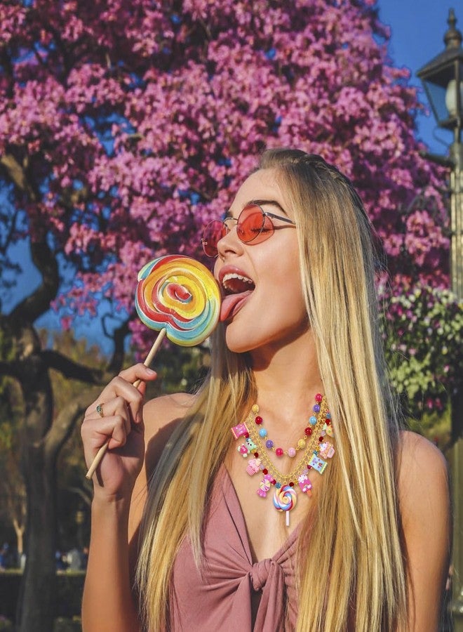 HSWE Candy Layered Necklaces for Women Novelty Colorful Beads Lollipop Sweet Candy Bear Ice Cream Dessert Cake Pendant Choker Necklace for Birthday Halloween Holiday Party Jewelry Gift - Image 5