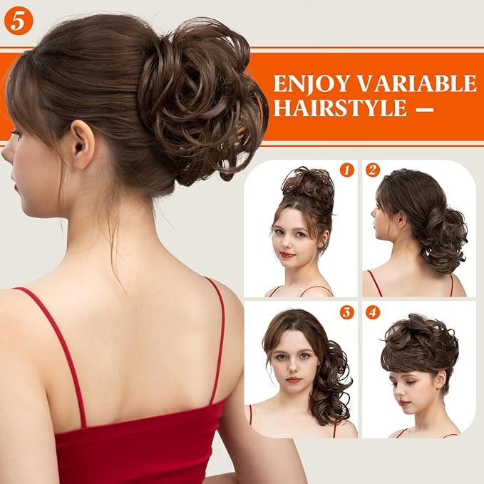 SARLA Messy Bun Hair Piece Side Comb Clip in Synthetic Hair Bun Hairpiece for Women Dark Brown Short Curly Wavy Versatile Adjustable Styles Easy Hair pieces