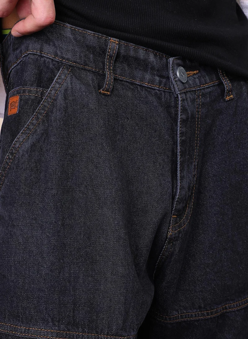 Campus Sutra  Campus Sutra Men's Dark Blue Panelled-Utility Denim Jeans For Casual Wear | Mid-Rise | Straight Fit | Button Closure | Denim Jeans Crafted With Comfort Fit For Everyday Wear for Men | Best Price UAE