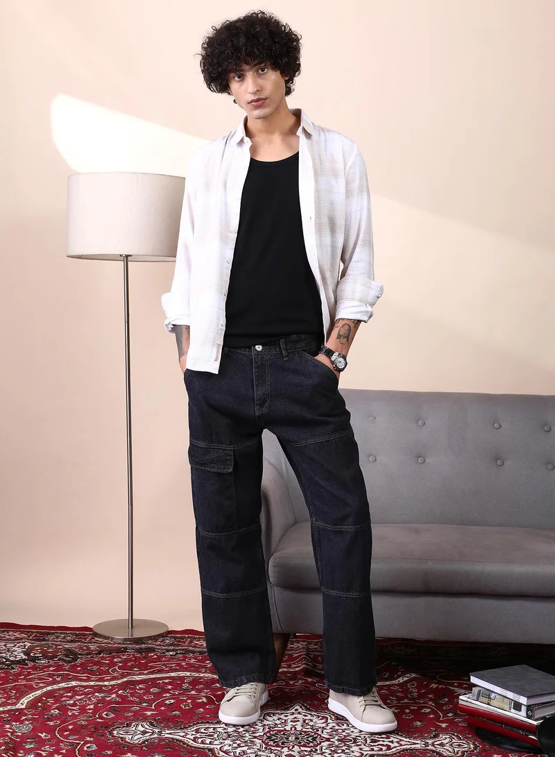 Campus Sutra  Campus Sutra Men's Dark Blue Panelled-Utility Denim Jeans For Casual Wear | Mid-Rise | Straight Fit | Button Closure | Denim Jeans Crafted With Comfort Fit For Everyday Wear for Men | Best Price UAE