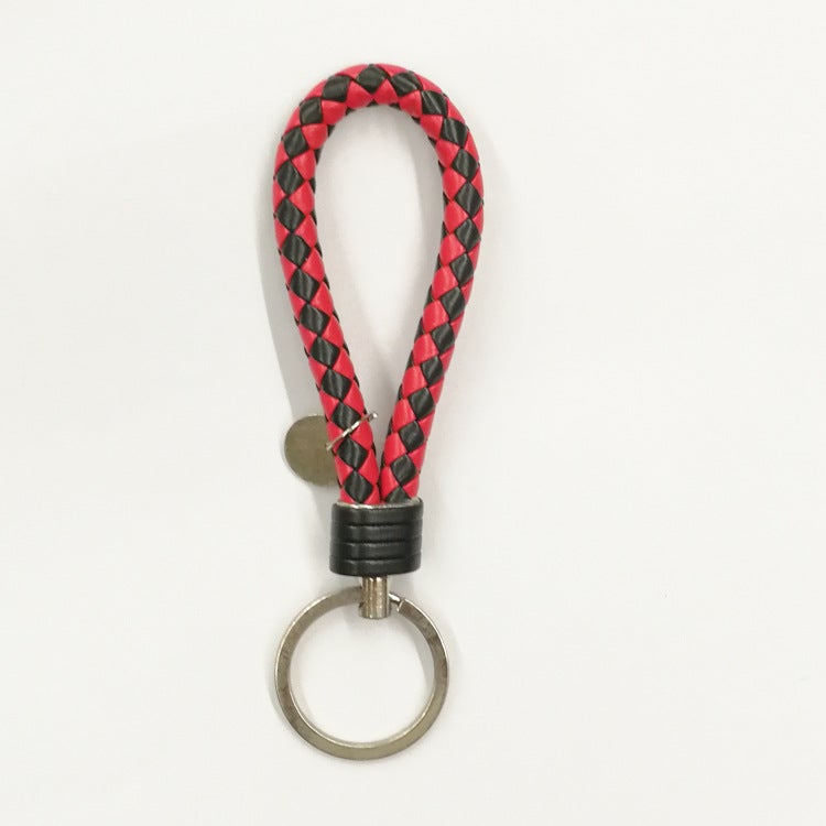 New Hot Sale Leather Rope Woven Keychain Cartoon Doll Key Ring Bag Pendant Couple Car Keychain Black + Red 