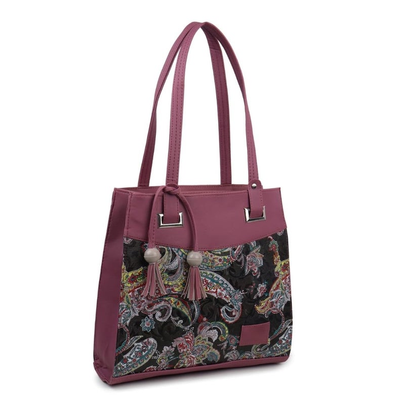 TYPIFY Women's Stylish Faux Leather & Paisley Fabric Shoulder Handbag with Tassel | Trendy Office, Casual, Travel Tote Bag for Ladies & Girls – Burgundy & Multicolor | Gift for her - Image 5
