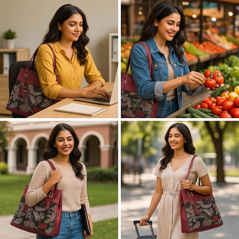 TYPIFY Women's Stylish Faux Leather & Paisley Fabric Shoulder Handbag with Tassel | Trendy Office, Casual, Travel Tote Bag for Ladies & Girls – Burgundy & Multicolor | Gift for her - Image 2