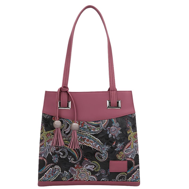 TYPIFY Women's Stylish Faux Leather & Paisley Fabric Shoulder Handbag with Tassel | Trendy Office, Casual, Travel Tote Bag for Ladies & Girls – Burgundy & Multicolor | Gift for her - Image 1