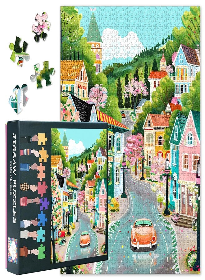 Rebotipy 1000 Pieces Jigsaw Puzzle for Adults European Cartoon Fairy Tale Town with Orange Car Puzzles Games for Adults Hard Challenging - 20" x 28" - Image 1