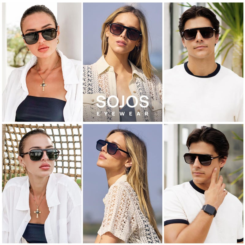 SOJOS Retro Aviator Polarized Sunglasses for Men Women Trendy Vintage Square Pilot Mens Shades SJ2370 Black Frame Brown Grading Lens - Image 2