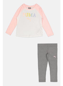 PUMA Toddlers Girl 2Pcs Long Sleeve Top And Leggings Set, White/Grey  - Image 1
