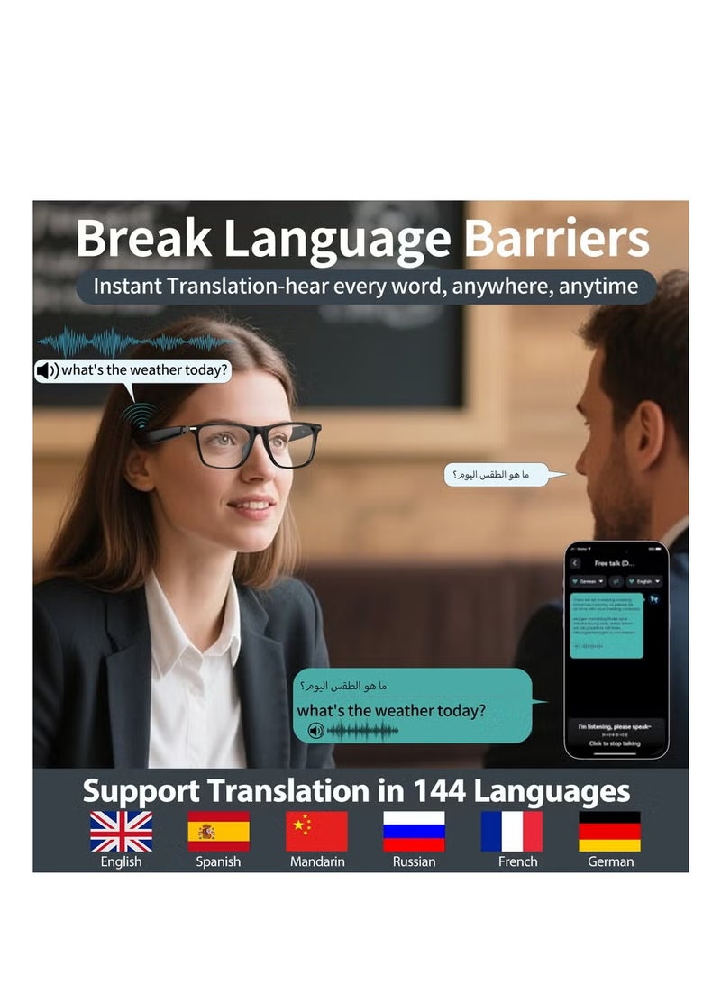 Ai مترجم النظارات الذكية مع الدردشة GPT بلوتوث للرجال والنساء مع 100 لغة، في الوقت الحقيقي الترجمة، مع مكبرات الصوت والنظارات الشمسية، جولة اجتماع التجارة الأعمال. - Image 2