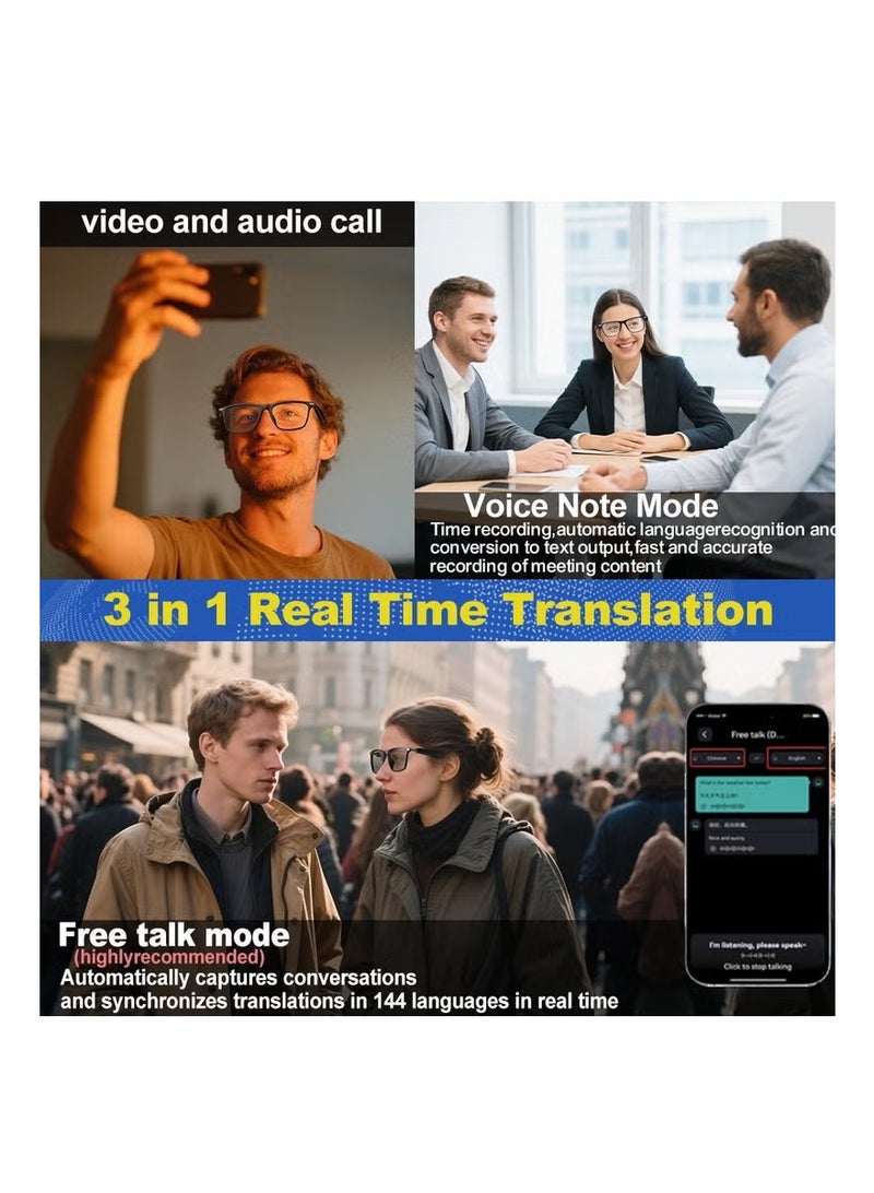 Ai مترجم النظارات الذكية مع الدردشة GPT بلوتوث للرجال والنساء مع 100 لغة، في الوقت الحقيقي الترجمة، مع مكبرات الصوت والنظارات الشمسية، جولة اجتماع التجارة الأعمال. - Image 3