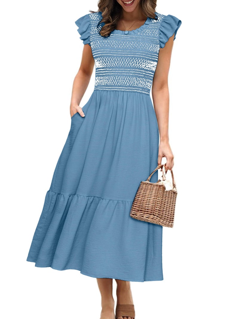 Simplee Apparel Simplee Womens Summer Midi Dress Casual Boho Smocked Waist Flutter Sleeve A Line Flowy Tiered Dress with Pockets Dusty Blue - Image 1
