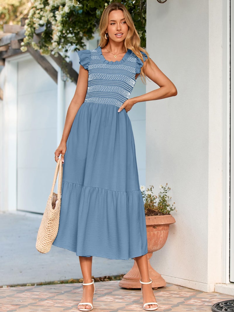 Simplee Apparel Simplee Womens Summer Midi Dress Casual Boho Smocked Waist Flutter Sleeve A Line Flowy Tiered Dress with Pockets Dusty Blue - Image 5
