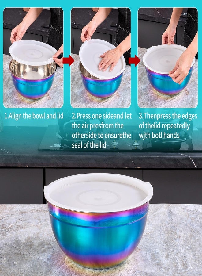 DINYWOW 4 Piece Rainbow Mixing Bowls with Lids for Kitchen, Stainless Steel Mixing Bowls Set Ideal for Baking, Prepping, Cooking and Serving Food, Nesting Metal Mixing Bowls for Space Saving Storage - Image 3
