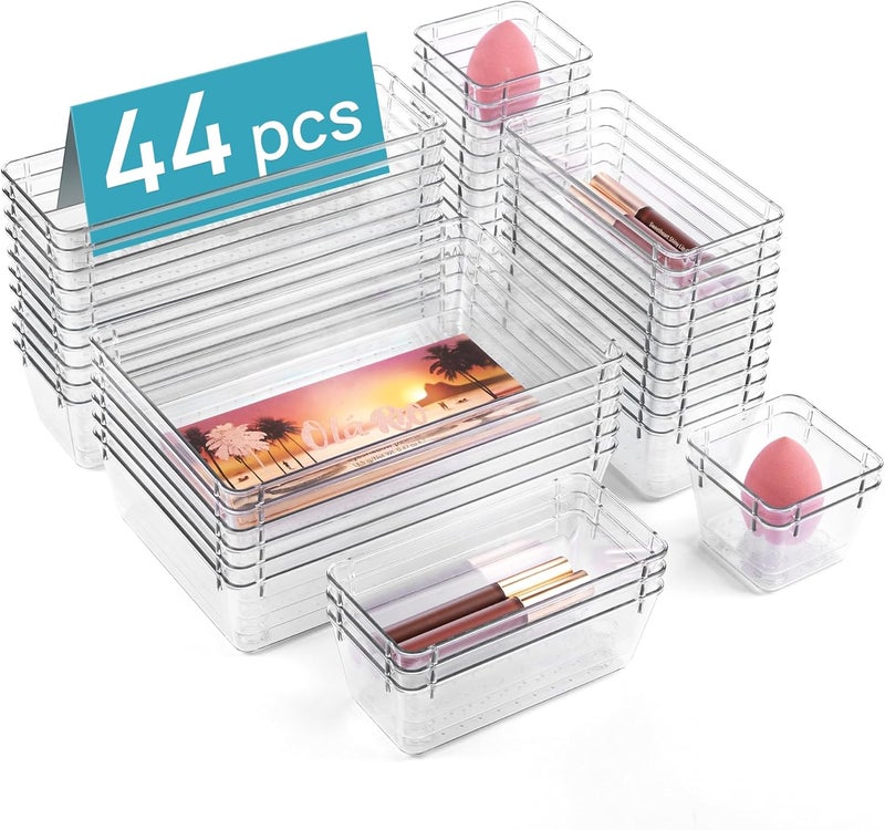 Vtopmart 44 PCS Clear Plastic Drawer Organizers Set - Versatile Storage Trays for Makeup, Jewelry, and Office Supplies - Image 1