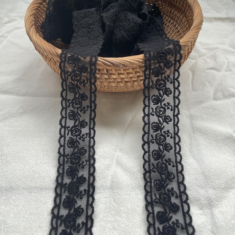 Sourcemall Lace Trim Ribbon, Delicate Black Floral Ribbon for Wedding/Bridal Decoration, DIY Craft Sewing, Home Decoration, 5 Yards (Black Flower) - Image 1
