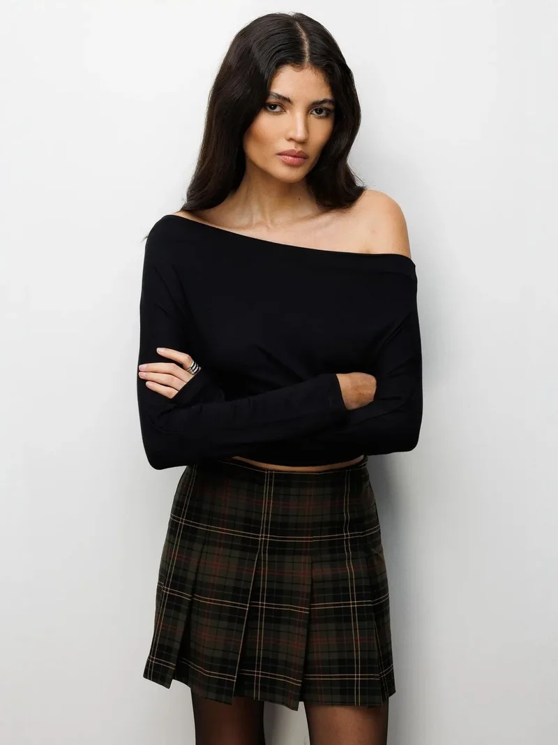 Mixray Black MIXRAY Asymmetrical Collar Slim Fit Crop Blouse with Cut Out for Women | Best Price UAE
