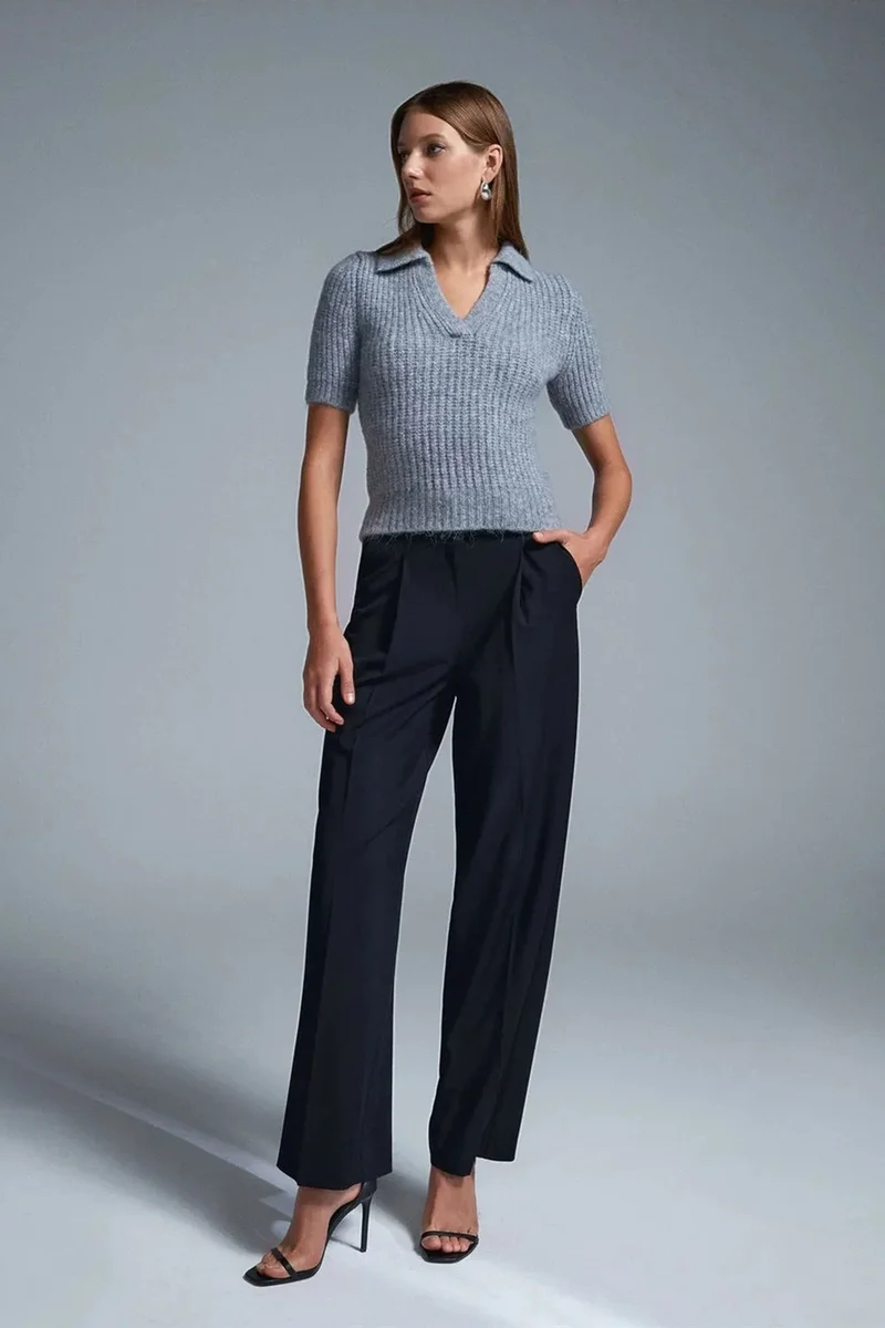Dilvin Light Grey DILVIN Women's Fitted Ribbed Polo Sweater for Women | Best Price UAE