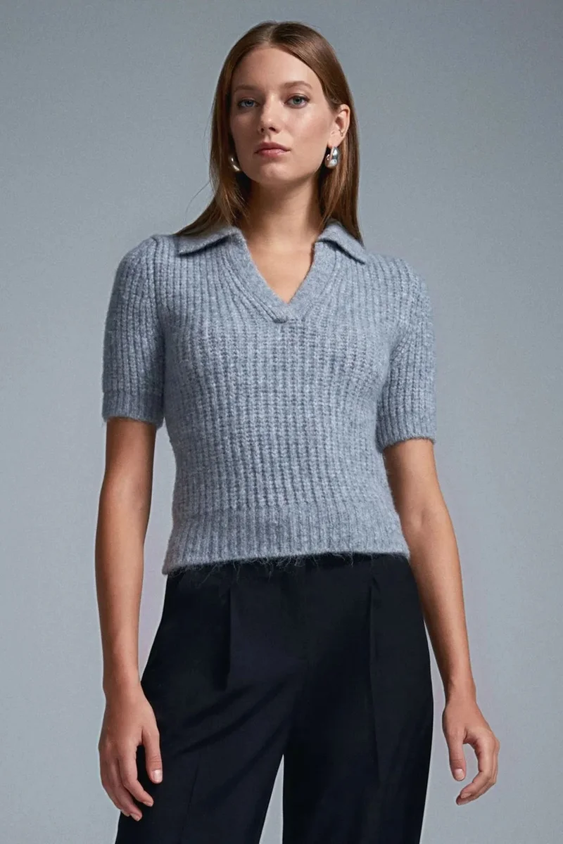Dilvin Light Grey DILVIN Women's Fitted Ribbed Polo Sweater for Women | Best Price UAE