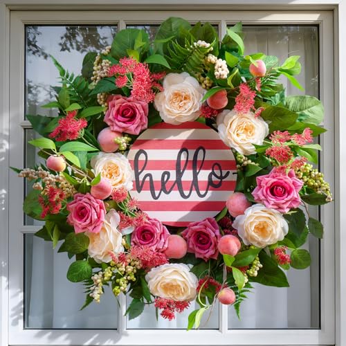 Soomeir Spring Summer Wreaths for Front Door Outside 24 Inch Peony Rose Floral Summer Wreath with Pink Peach Farmhouse Door Decor Spring Wreaths for Front Door Spring Door Wreath for Front Door Outside - Image 1