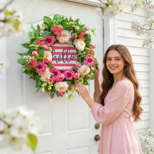 Soomeir Spring Summer Wreaths for Front Door Outside 24 Inch Peony Rose Floral Summer Wreath with Pink Peach Farmhouse Door Decor Spring Wreaths for Front Door Spring Door Wreath for Front Door Outside - Image 3