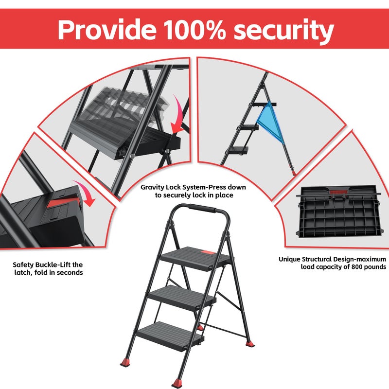 DIAMONDFORGE Step Ladder Foldable Folding Stool - for Home Adults Kitchen 3 Stepping Extension Tall Heavy Duty with Handrails - Closet Stepstool Stair Ladders Extendable Stepladder for Indoor House 800Lbs - Image 5