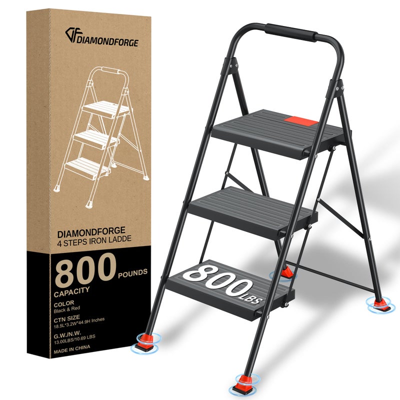 DIAMONDFORGE Step Ladder Foldable Folding Stool - for Home Adults Kitchen 3 Stepping Extension Tall Heavy Duty with Handrails - Closet Stepstool Stair Ladders Extendable Stepladder for Indoor House 800Lbs - Image 1