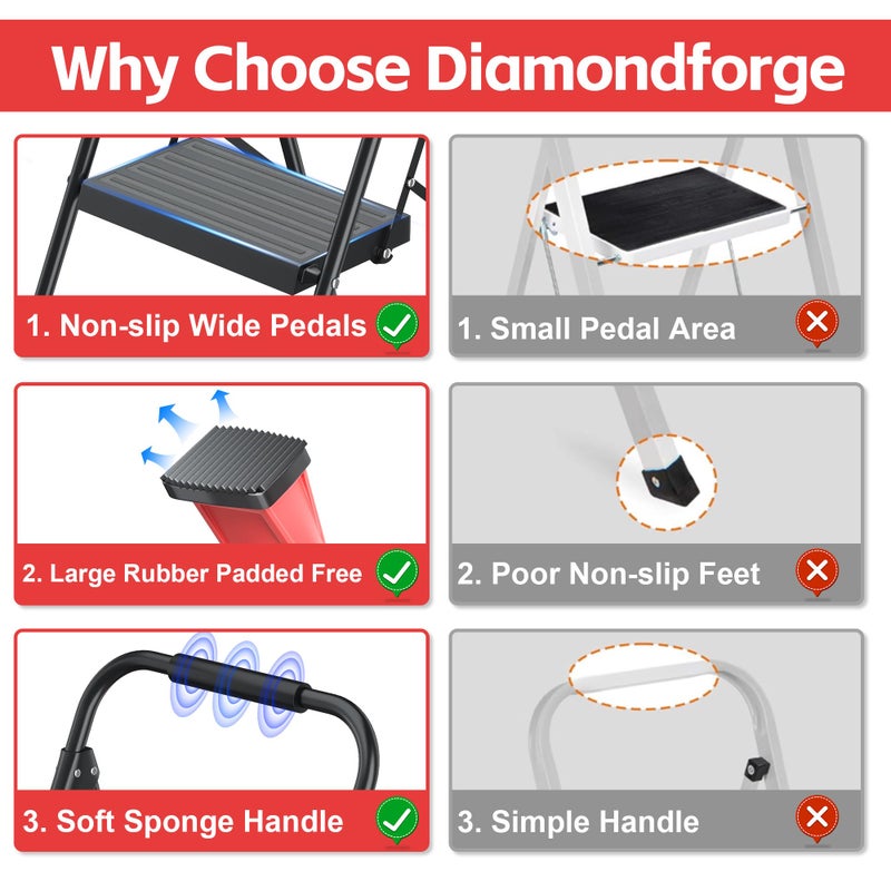 DIAMONDFORGE Step Ladder Foldable Folding Stool - for Home Adults Kitchen 3 Stepping Extension Tall Heavy Duty with Handrails - Closet Stepstool Stair Ladders Extendable Stepladder for Indoor House 800Lbs - Image 4
