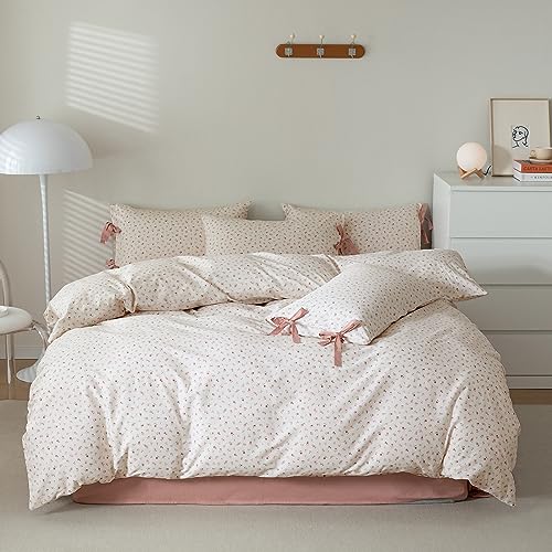 AOJIM Pink Floral Duvet Cover Set for Girls Women, Pure Cotton Soft Bedding Comforter Cover Set 3pcs for Room Decor, 1 Exquisite Quilt Cover Twin Size and 2 Pillowcases with Bowknot, No Comforter - Image 1