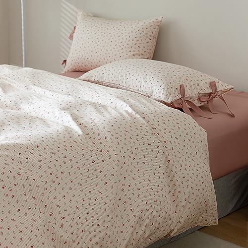 AOJIM Pink Floral Duvet Cover Set for Girls Women, Pure Cotton Soft Bedding Comforter Cover Set 3pcs for Room Decor, 1 Exquisite Quilt Cover Twin Size and 2 Pillowcases with Bowknot, No Comforter - Image 2