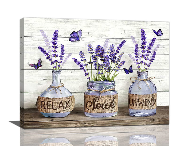 Farmhouse Bathroom Decor Wall Art Purple Lavender Bathroom Pictures for Wall Rustic Country Bathroom Canvas Prints Bathroom Sign Painting Framed Artwork Decor for Bathroom Bedroom 12""x16""