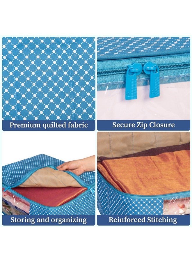 HomeStrap مجموعة هومستراپ من 6 أغطية ساري قطنية مبطنة | حقائب تخزين قابلة للطي بطبقات 3 مع نافذة شفافة وسحاب | منظم خزانة متميز للساري، والليهنغا، والفساتين | أزرق - Image 4