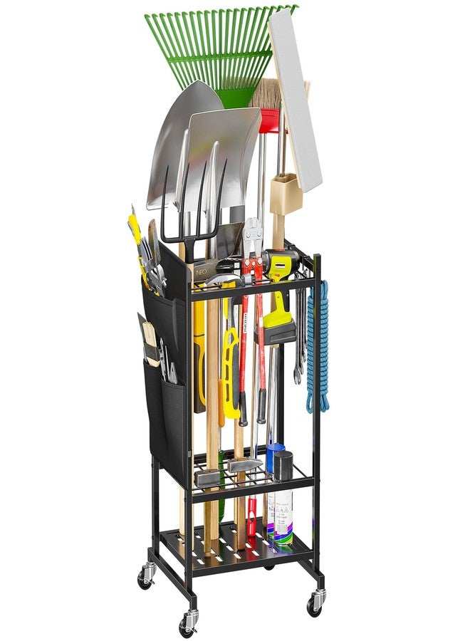 SUFAUY Garden Tool Organizer with Wheels, Yard Tower Rack Holds 40 Long Handled Tools, Heavy-Duty Steel Garage Tool Stand with Hooks and Versatile Pocket, Black - Image 1
