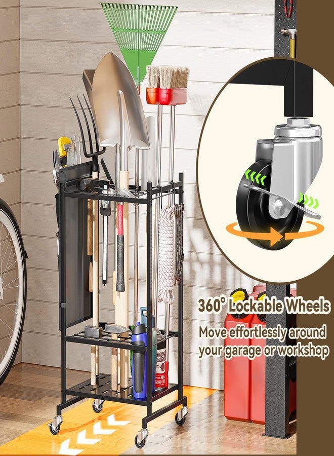 SUFAUY Garden Tool Organizer with Wheels, Yard Tower Rack Holds 40 Long Handled Tools, Heavy-Duty Steel Garage Tool Stand with Hooks and Versatile Pocket, Black - Image 3