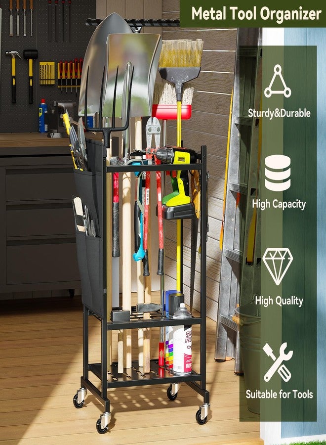 SUFAUY Garden Tool Organizer with Wheels, Yard Tower Rack Holds 40 Long Handled Tools, Heavy-Duty Steel Garage Tool Stand with Hooks and Versatile Pocket, Black - Image 2