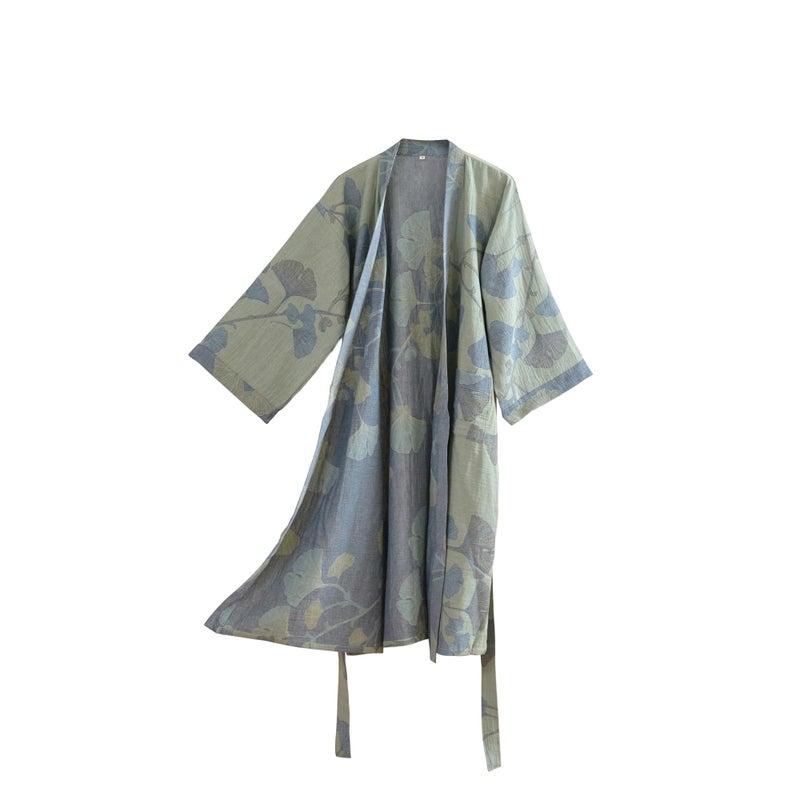 Purefair 100% Cotton Gauze Ginkgo Leaf Kimono Robe, Long Knit Loose Bathrobe Nightgown Ladies Loungewear Sleepwear for Women - Image 1
