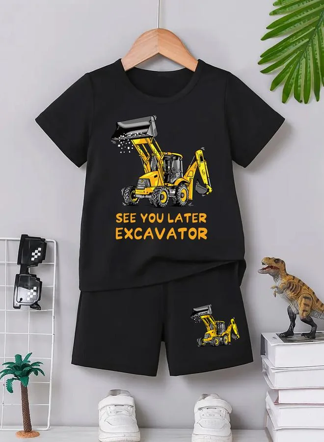 تايك تو Take Two Boys Black Excavator Graphic T-Shirt and Shorts Set