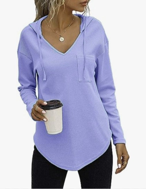 Womens V-Neck Hoodie Waffle Knit Sweatshirt with Pockets Blue 