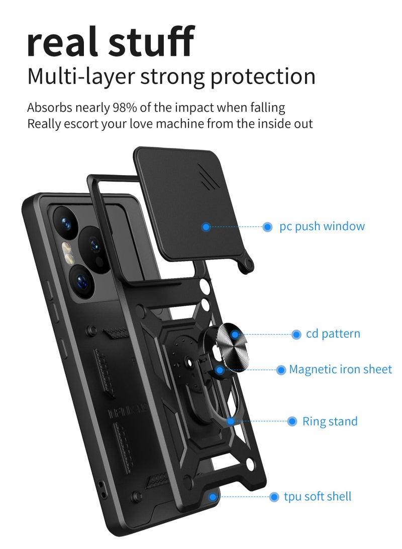 huawei بورا 70 حالة الهاتف المحمول ، انزلاق الكاميرا عدسة تغطية + 360 درجة قوس الدورية خاتم + دعم المغناطيسي سيارة صدمة برهان حالة الهاتف المحمول ، تنطبق على huawei بورا 70 ، أسود - Image 2