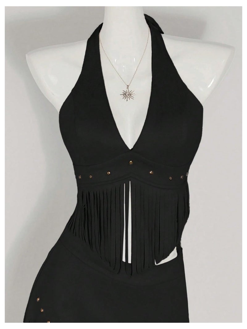 MakeMeChic Women's Fringe Rodeo Faux Suede Halter Tops Tie Backless Sleeveless Western Cowgirl Concert Outfits Black Medium - Image 2