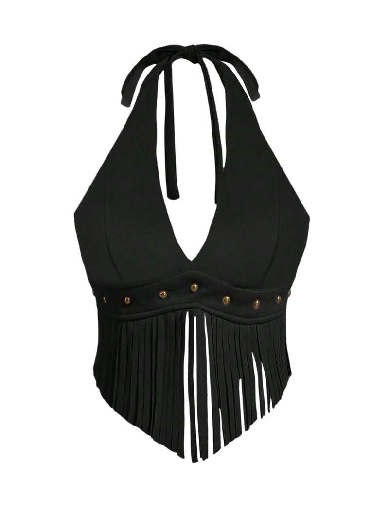 MakeMeChic Women's Fringe Rodeo Faux Suede Halter Tops Tie Backless Sleeveless Western Cowgirl Concert Outfits Black Medium - Image 1