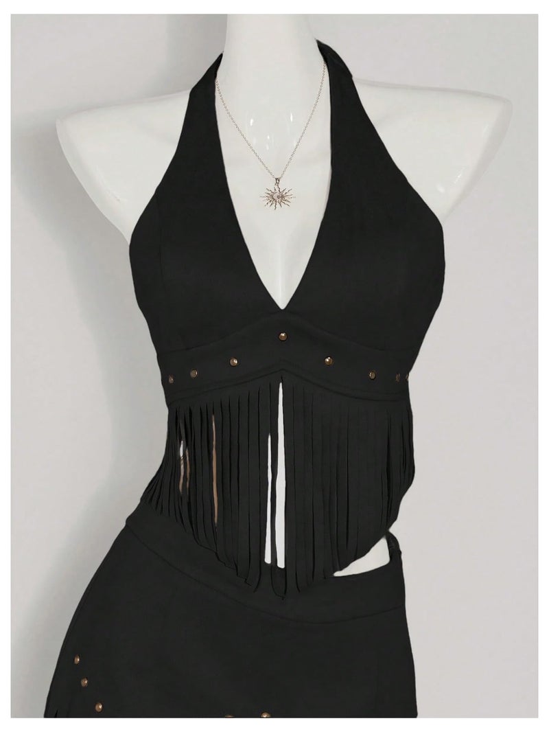 MakeMeChic Women's Fringe Rodeo Faux Suede Halter Tops Tie Backless Sleeveless Western Cowgirl Concert Outfits Black Medium - Image 3