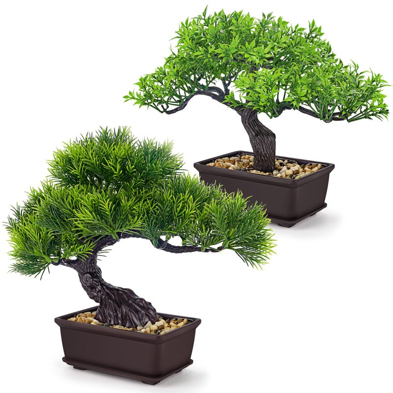 Der Rose 2Pcs Small Fake Plants Artificial Bonsai Tree Set Ficus and Cedar for Office Desk Shelf Room Home Zen Decor Indoor - Image 2