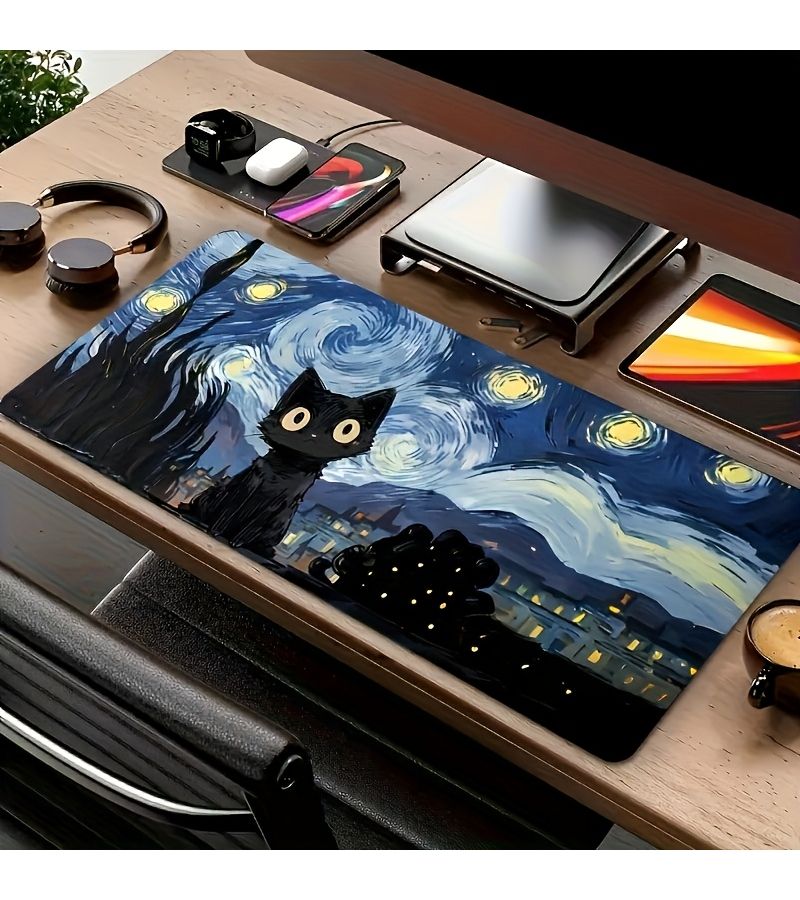 1pc Van Gogh Starry Night Cat Abstract Art Mouse Pad 30x60cm Large Size Gaming Mouse Mat Esports Office Keyboard Polyester Rubber Base Computer Mousepad Keyboard Support Mat Van Gogh Inspired - Image 1