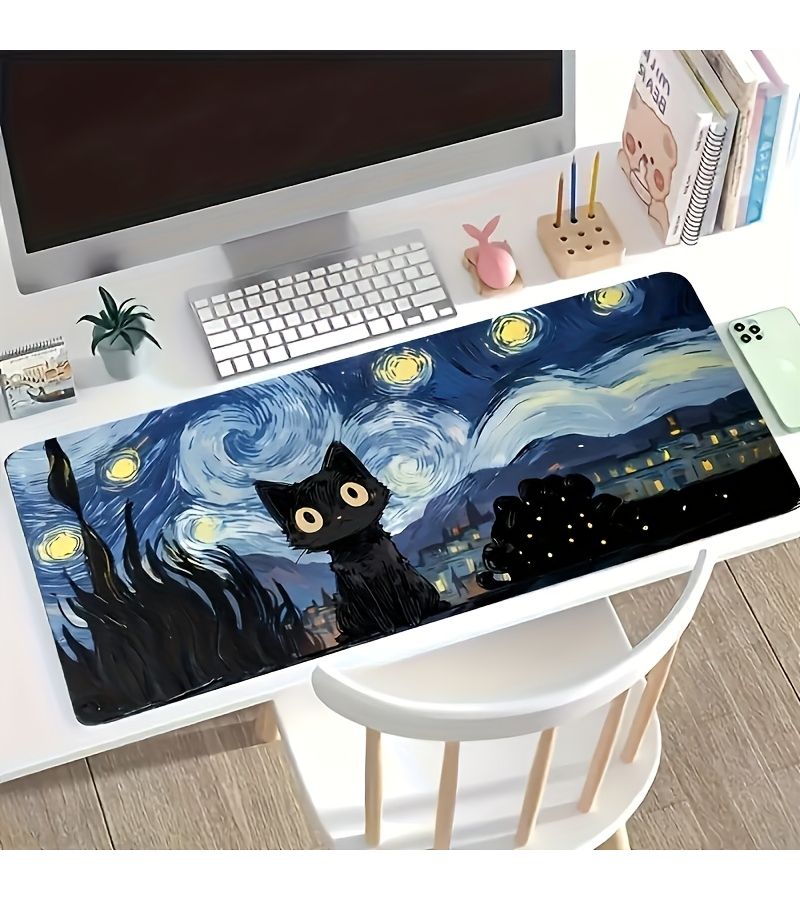 1pc Van Gogh Starry Night Cat Abstract Art Mouse Pad 30x60cm Large Size Gaming Mouse Mat Esports Office Keyboard Polyester Rubber Base Computer Mousepad Keyboard Support Mat Van Gogh Inspired - Image 4