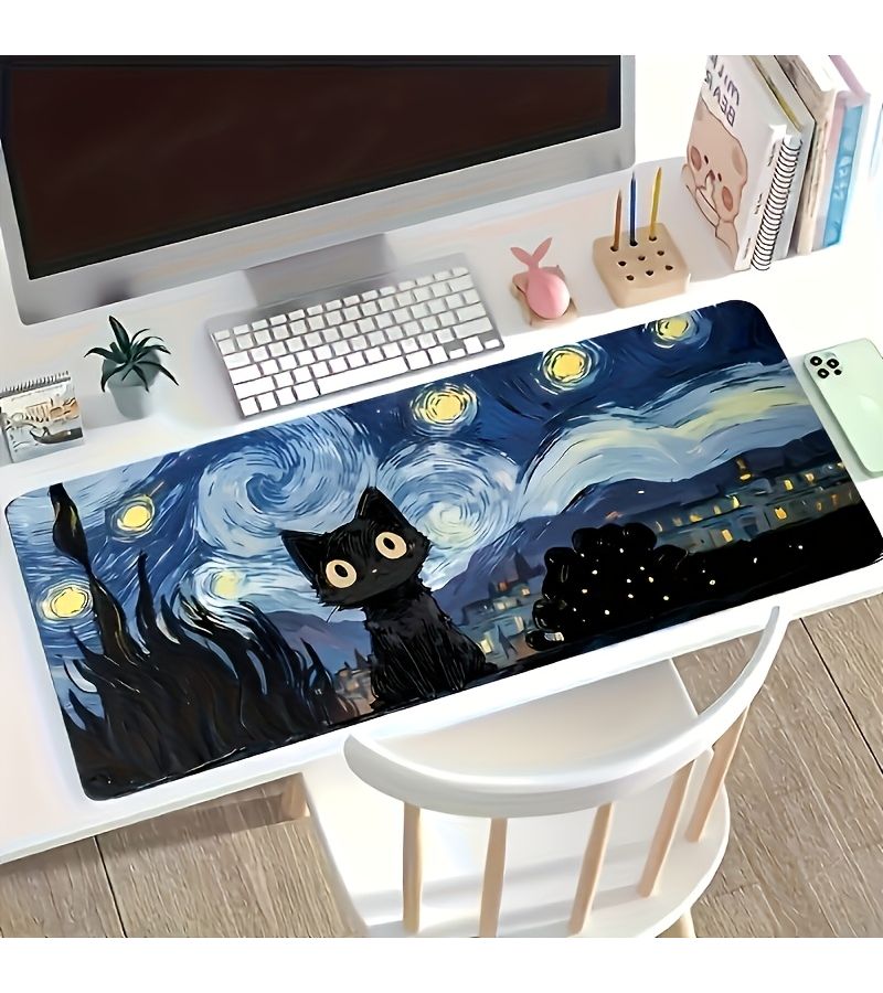 1pc Van Gogh Starry Night Cat Abstract Art Mouse Pad 30x60cm Large Size Gaming Mouse Mat Esports Office Keyboard Polyester Rubber Base Computer Mousepad Keyboard Support Mat Van Gogh Inspired - Image 3
