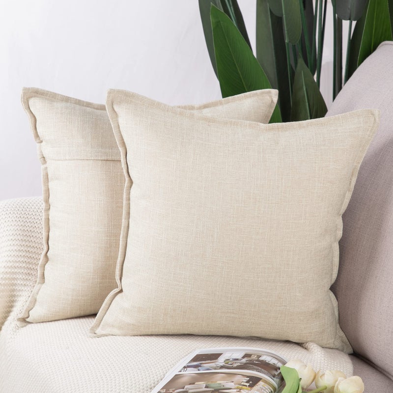 Madizz Set of 2 Polyester Linen Cushion Covers 16x16 inch 40x40 cm Light Beige Soft Decorative Throw Pillow Cases for Sofa Bedroom Pillow Shell