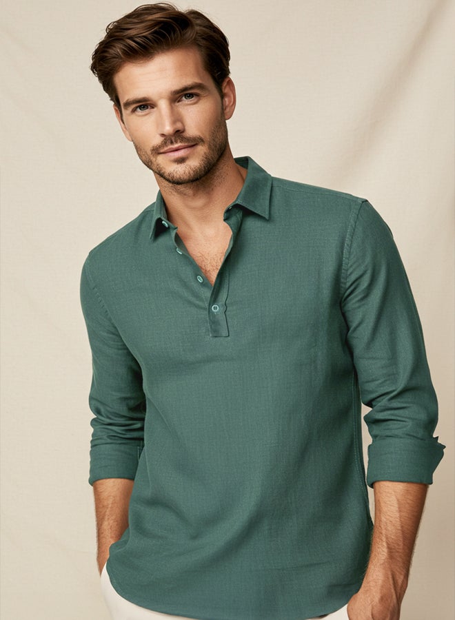 trendyol Dark Green Regular Fit Half Placket 100% Cotton Flamed Linen Look Shirt - Image 1