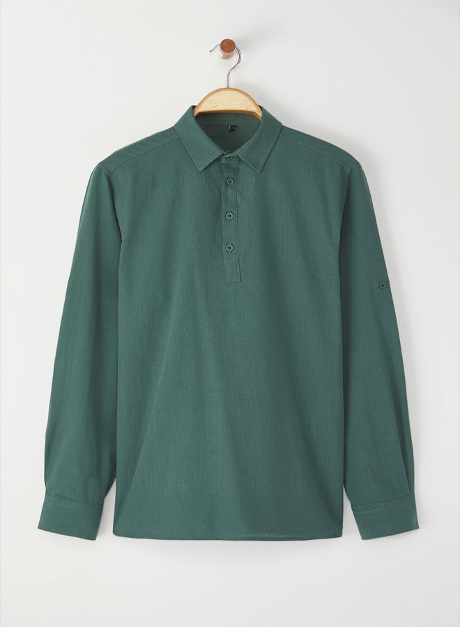 trendyol Dark Green Regular Fit Half Placket 100% Cotton Flamed Linen Look Shirt - Image 2