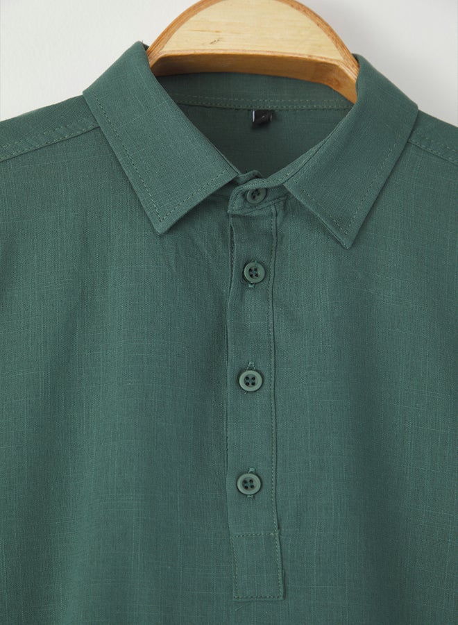 trendyol Dark Green Regular Fit Half Placket 100% Cotton Flamed Linen Look Shirt - Image 4