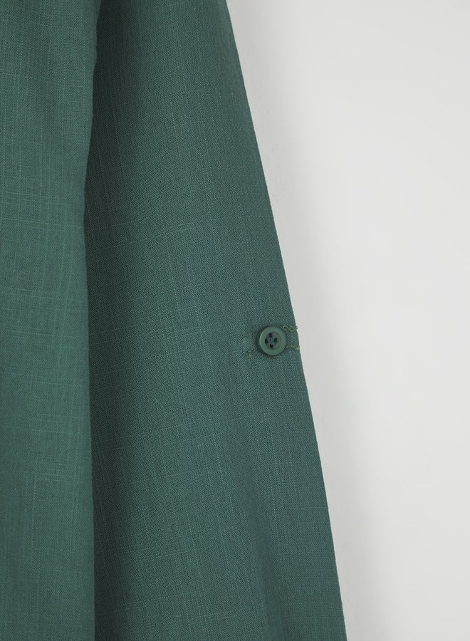 trendyol Dark Green Regular Fit Half Placket 100% Cotton Flamed Linen Look Shirt - Image 3